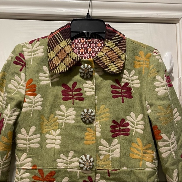 Unbranded Coat Women’s Sz 2 Green Leafs Plaid Artsy Colorful Peter Pan Collar - Picture 3 of 13